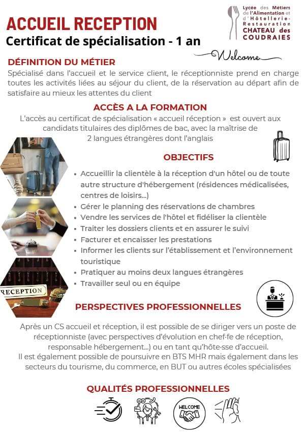 Fiche métier Acceuil réception - poursuite d'étude Flyer Lycée Hôtelier d'Étiolles