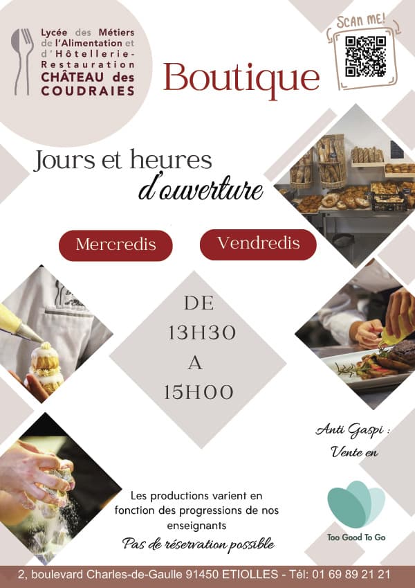 Jours et horaires de la boutique lycée étiolles Flyer Lycée Hôtelier d'Étiolles