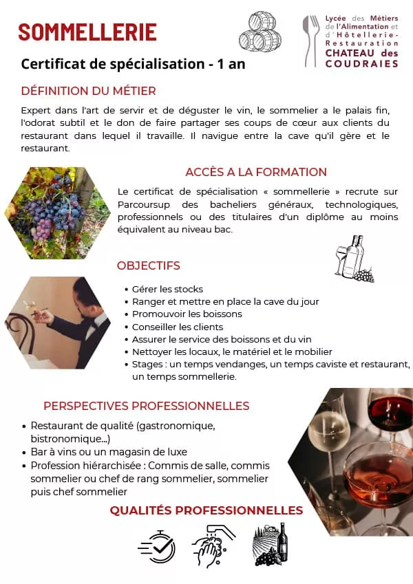 Fiche métier sommellerie en poursuite d'étude Flyer Lycée Hôtelier d'Étiolles